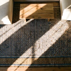 Antique Ningxia Round Wool Brown Rug (SKU 24257) - styled overhead view