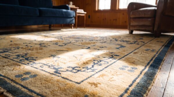 Antique ningxia small scatter size wool beige rug 9 Antique ningxia small scatter size wool beige rug (sku 23635) - in-room detail