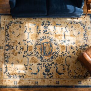 Antique Ningxia Small Scatter Size Wool Beige Rug (SKU 23635) - styled overhead view