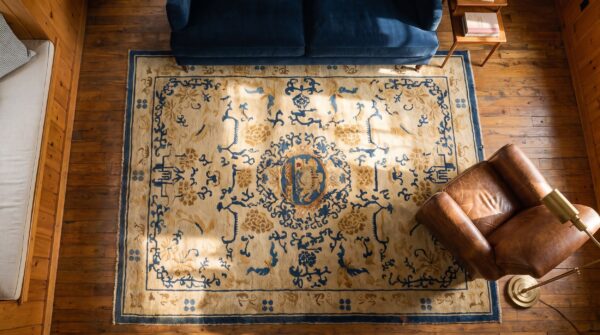 Antique ningxia small scatter size wool beige rug 2 Antique ningxia small scatter size wool beige rug (sku 23635) - styled overhead view