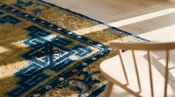 Antique ningxia small square wool yellow rug 7 Antique ningxia small square wool yellow rug (sku 23752) - in-room detail