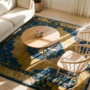 Antique Ningxia Small Square Wool Yellow Rug (SKU 23752) - styled overhead view