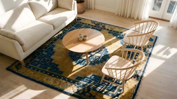 Antique ningxia small square wool yellow rug 2 Antique ningxia small square wool yellow rug (sku 23752) - styled overhead view