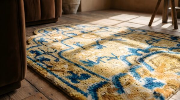 Antique ningxia square small scatter size wool yellow rug (sku 22852) - in-room detail