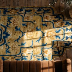 Antique Ningxia Square Small Scatter Size Wool Yellow Rug (SKU 22852) - styled overhead view