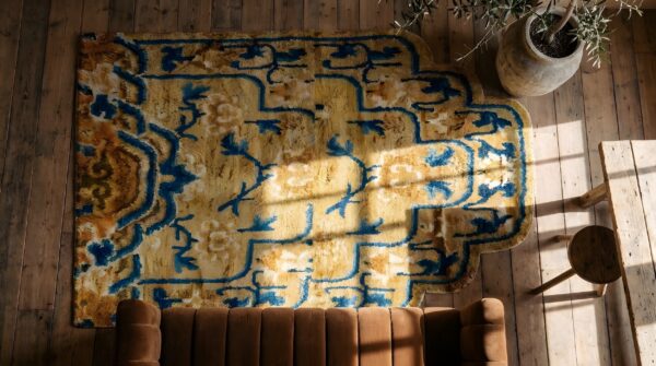 Antique ningxia square small scatter size wool yellow rug (sku 22852) - styled overhead view