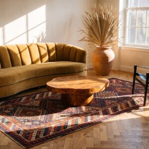 Antique Northwest Persian Tribal Geometric Hallway Runner Rug (SKU 17829) - styled overhead view