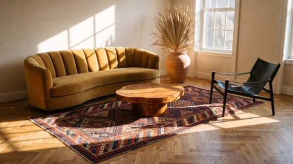 Antique northwest persian tribal geometric hallway runner rug (sku 17829) - styled overhead view