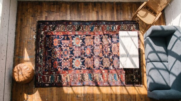 Antique nw persian allover tribal wool hand knotted pile blue rug 2 Antique nw persian allover tribal wool hand knotted pile blue rug (sku 20179) - styled overhead view