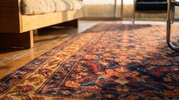 Antique nw persian blue color allover herati fish design hand knotted pile rug 6 Antique nw persian blue color allover herati fish design hand knotted pile rug (sku 21180) - in-room detail