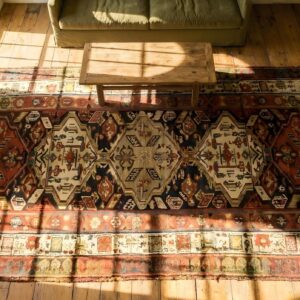 Antique NW Persian Brown Tribal Hallway Runner Kurdish Rug (SKU 23548) - styled overhead view