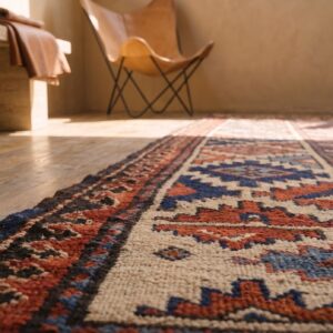 Antique NW Persian Kurd Tribal Geometric Striped Hallway Runner Rug (SKU 20243) - in-room detail
