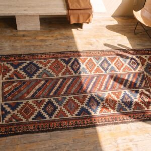 Antique NW Persian Kurd Tribal Geometric Striped Hallway Runner Rug (SKU 20243) - styled overhead view