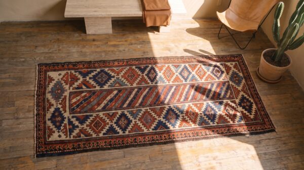 Antique nw persian kurd tribal geometric striped hallway runner rug 2 Antique nw persian kurd tribal geometric striped hallway runner rug (sku 20243) - styled overhead view
