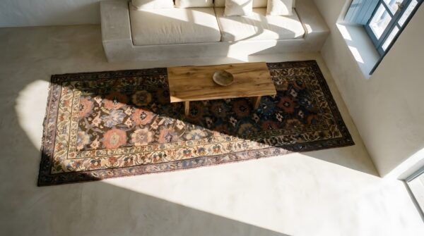 Antique nw persian tribal allover design hallway runner varamin rug 2 Antique nw persian tribal allover design hallway runner varamin rug (sku 25173) - styled overhead view