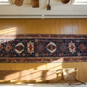 Antique NW Persian Tribal Geometric Blue Hallway Runner Rug (SKU 25396) - styled overhead view
