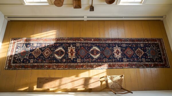 Antique nw persian tribal geometric blue hallway runner rug 2 Antique nw persian tribal geometric blue hallway runner rug (sku 25396) - styled overhead view