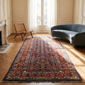 Antique NW Persian Tribal Geometric Tree Pattern Blue Kurdish Hallway Runner Rug (SKU 21539) - room view