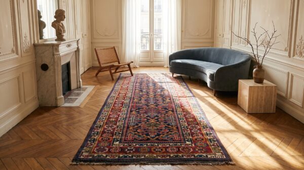 Antique nw persian tribal geometric tree pattern blue kurdish hallway runner rug (sku 21539) - room view