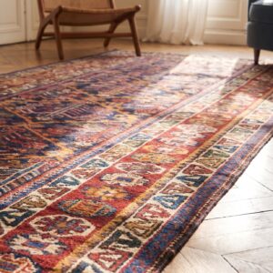 Antique NW Persian Tribal Geometric Tree Pattern Blue Kurdish Hallway Runner Rug (SKU 21539) - in-room detail