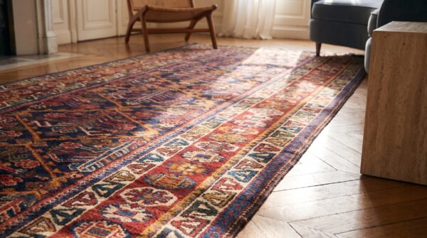 Antique nw persian tribal geometric tree pattern blue kurdish hallway runner rug (sku 21539) - in-room detail