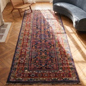 Antique NW Persian Tribal Geometric Tree Pattern Blue Kurdish Hallway Runner Rug (SKU 21539) - styled overhead view