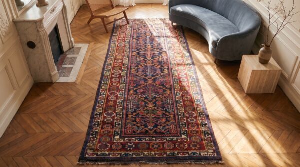 Antique nw persian tribal geometric tree pattern blue kurdish hallway runner rug (sku 21539) - styled overhead view