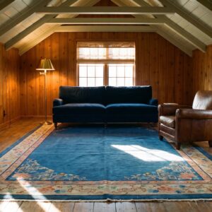 Open Blue Color Field Antique Art Deco Chinese Allover Floral Knotted Rug (SKU 24855) - room view