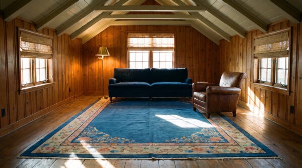 Open blue color field antique art deco chinese allover floral knotted rug 7 Open blue color field antique art deco chinese allover floral knotted rug (sku 24855) - room view