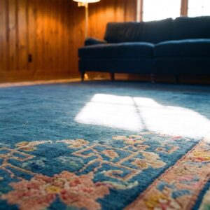 Open Blue Color Field Antique Art Deco Chinese Allover Floral Knotted Rug (SKU 24855) - in-room detail