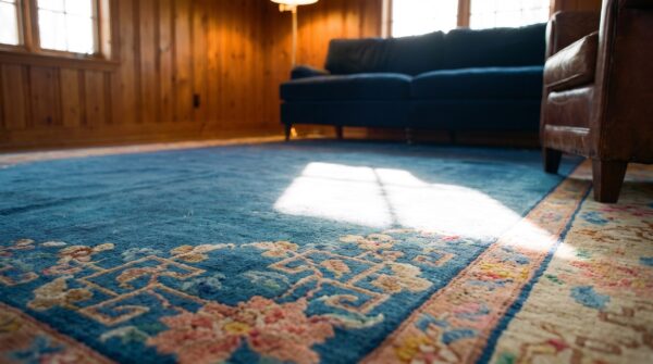 Open blue color field antique art deco chinese allover floral knotted rug 8 Open blue color field antique art deco chinese allover floral knotted rug (sku 24855) - in-room detail