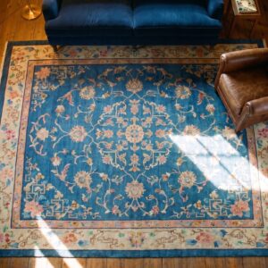 Open Blue Color Field Antique Art Deco Chinese Allover Floral Knotted Rug (SKU 24855) - styled overhead view