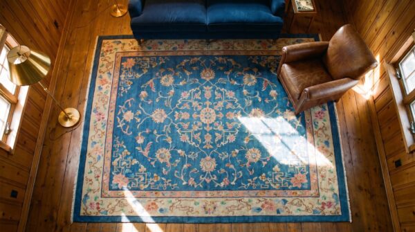 Open blue color field antique art deco chinese allover floral knotted rug 2 Open blue color field antique art deco chinese allover floral knotted rug (sku 24855) - styled overhead view