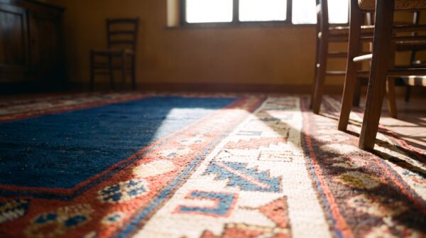 Open blue field antique tribal geometric caucasian talish rug 7 Open blue field antique tribal geometric caucasian talish rug (sku 21798) - in-room detail