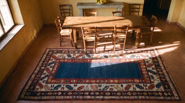 Open blue field antique tribal geometric caucasian talish rug 2 Open blue field antique tribal geometric caucasian talish rug (sku 21798) - styled overhead view