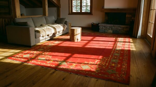 Antique open color red field turkish oushak room size wool rug 8 Antique open color red field turkish oushak room size wool rug (sku 24799) - room view