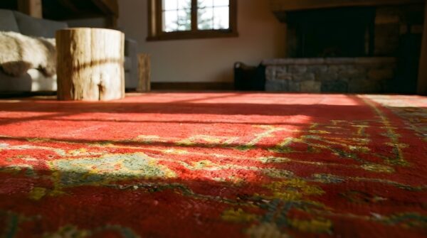 Antique open color red field turkish oushak room size wool rug 9 Antique open color red field turkish oushak room size wool rug (sku 24799) - in-room detail