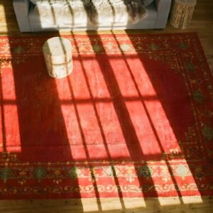 Antique Open Color Red Field Turkish Oushak Room Size Wool Rug (SKU 24799) - styled overhead view