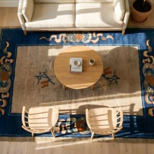 Open Field Minimalist Floral Pattern Antique Ivory Chinese Small Scatter Size Peking Rug (SKU 23239) - styled overhead view