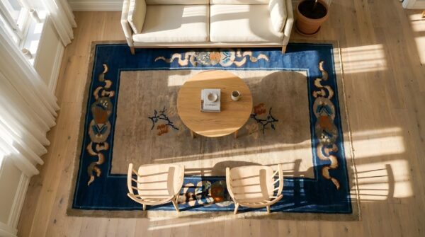 Open field minimalist floral pattern antique ivory chinese small scatter size peking rug 2 Open field minimalist floral pattern antique ivory chinese small scatter size peking rug (sku 23239) - styled overhead view