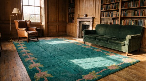 Open green bule color field antique oversized irish donegal art nouveau rug 7 Open green bule color field antique oversized irish donegal art nouveau rug (sku 20264) - room view