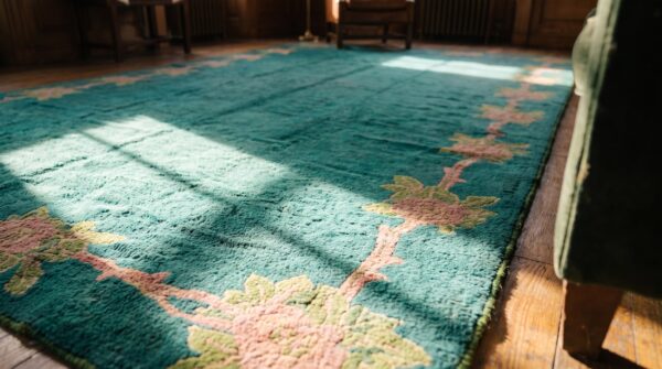 Open green bule color field antique oversized irish donegal art nouveau rug 8 Open green bule color field antique oversized irish donegal art nouveau rug (sku 20264) - in-room detail