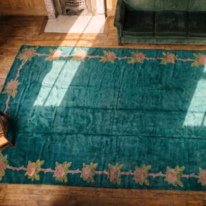Open Green Bule Color Field Antique Oversized Irish Donegal Art Nouveau Rug (SKU 20264) - styled overhead view