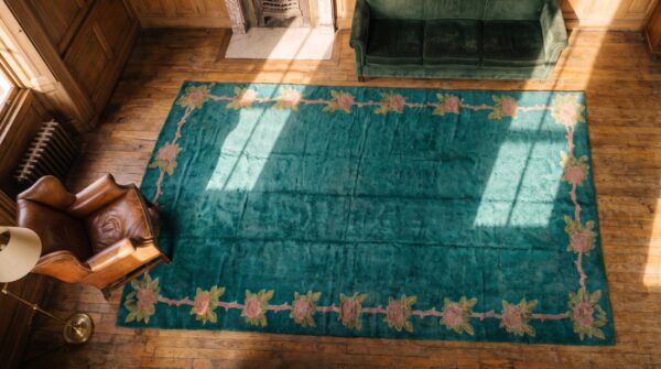 Open green bule color field antique oversized irish donegal art nouveau rug 2 Open green bule color field antique oversized irish donegal art nouveau rug (sku 20264) - styled overhead view