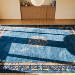 Open Navy Blue Color Field Antique Minimalist Chinese Large Size Peking Rug (SKU 25261) - styled overhead view