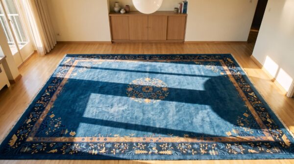 Open navy blue color field antique minimalist chinese large size peking rug (sku 25261) - styled overhead view