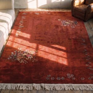 Open Red Color Field Antique Big Size Chinese Deco Rug (SKU 21502) - styled overhead view