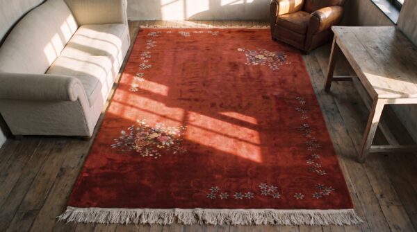Open red color field antique big size chinese deco rug 2 Open red color field antique big size chinese deco rug (sku 21502) - styled overhead view