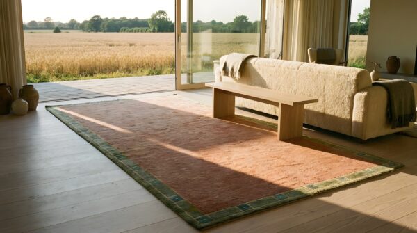 Open solid coral color field austrian art nouveau werkstätte viennese carpet 11 Open solid coral color field austrian art nouveau werkstätte viennese carpet (sku 19280) - room view