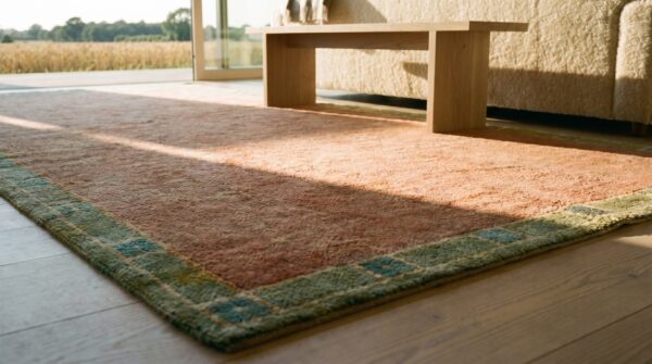 Open solid coral color field austrian art nouveau werkstätte viennese carpet 12 Open solid coral color field austrian art nouveau werkstätte viennese carpet (sku 19280) - in-room detail